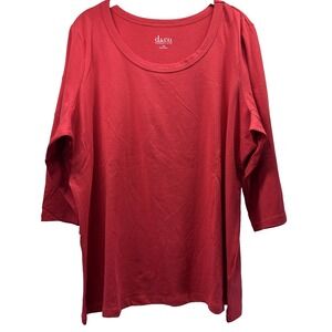 Denim & Co Women's Top Size 1X Plus Solid Red 3/4 Sleeve Cotton Blend Pullover